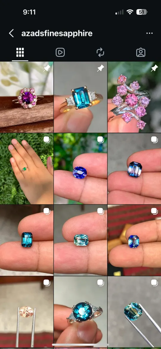 Instagram grid of Azadsfinesapphire showing pink, blue and teal natural sapphire rings