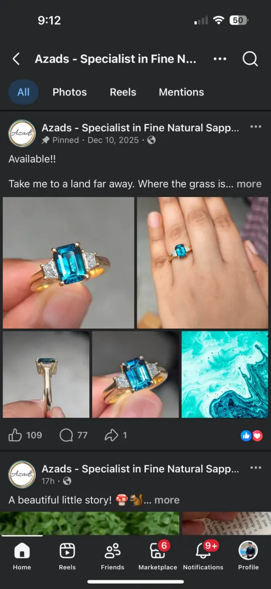 Facebook post from Azadsfinesapphire featuring a teal blue sapphire engagement ring